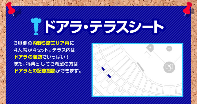 3塁側の内野S席エリア内に4名掛け席を4セット作ります。テラス内をドアラで装飾します。また、特典としてご希望の方はドアラとの記念撮影ができます。