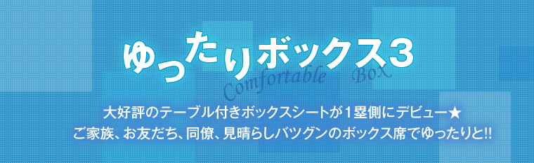 ゆったりボックス3 大好評のテーブル付きボックスシートが1塁側にデビュー★ご家族、お友だち、同僚、見晴らしバツグンのボックス席でゆったりと!!